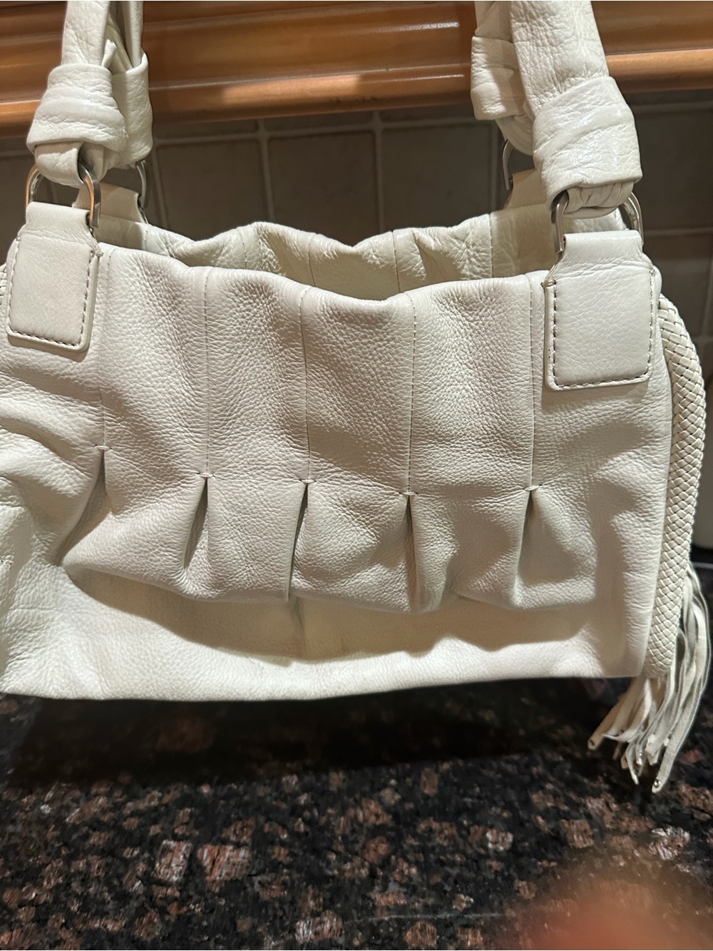 Cole Haan White Leather Pleated Shoulder Bag with Braided Tassel